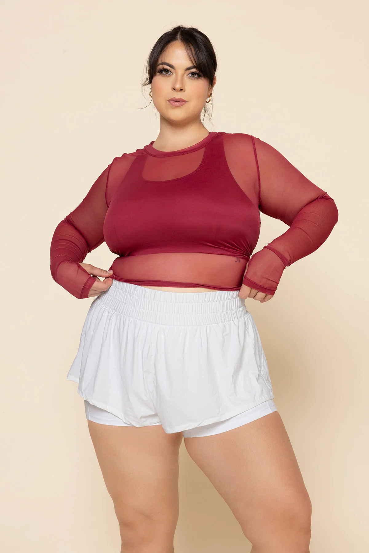 Bow Back Mesh Reversible Long Sleeve Top - Ruby