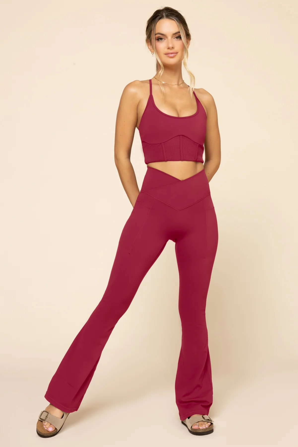 Crisscross HourglassÂ® Flared Leggings with Pockets - Ruby