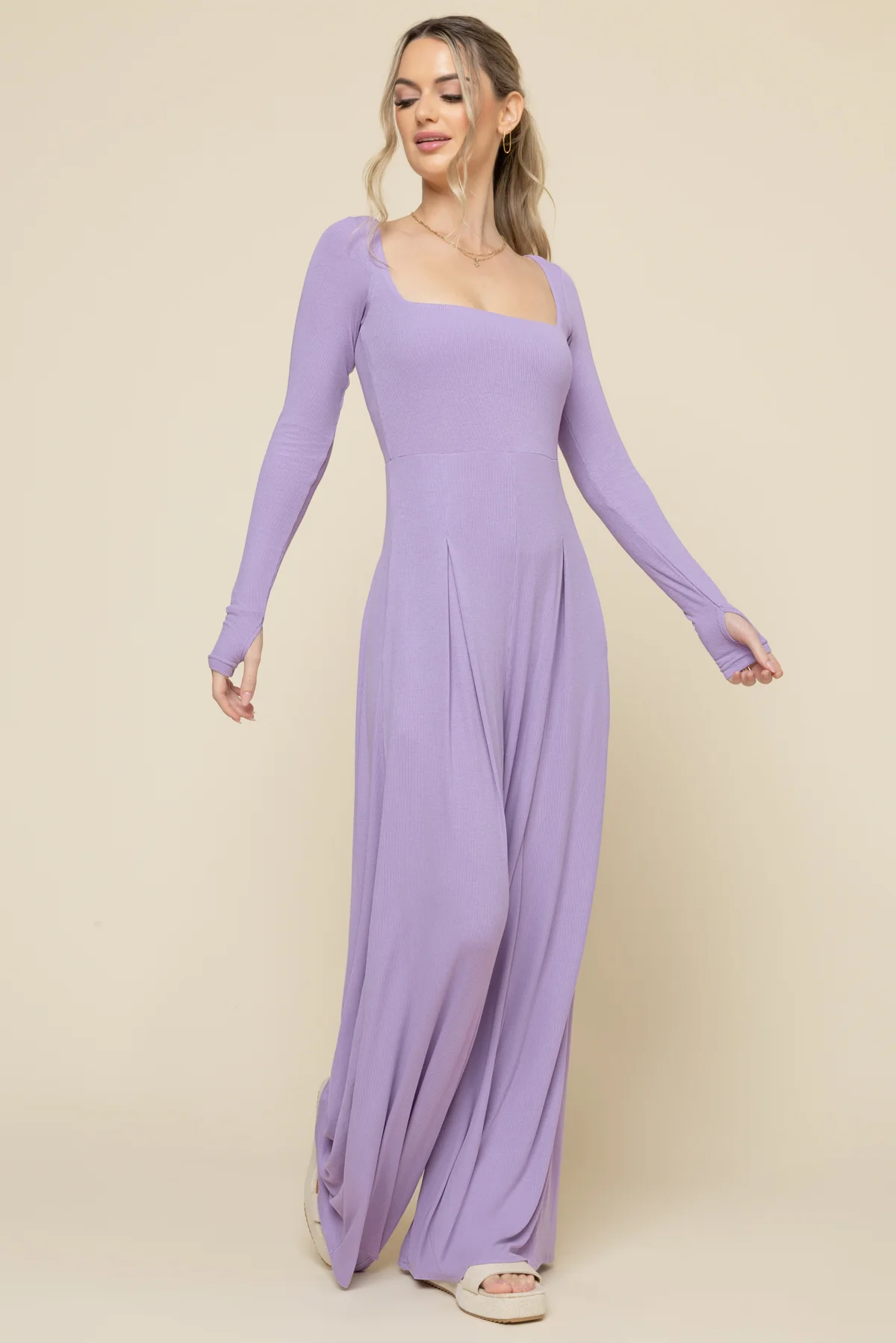 Go With The Flow Long Sleeve Jumpsuit - Lavender Haze