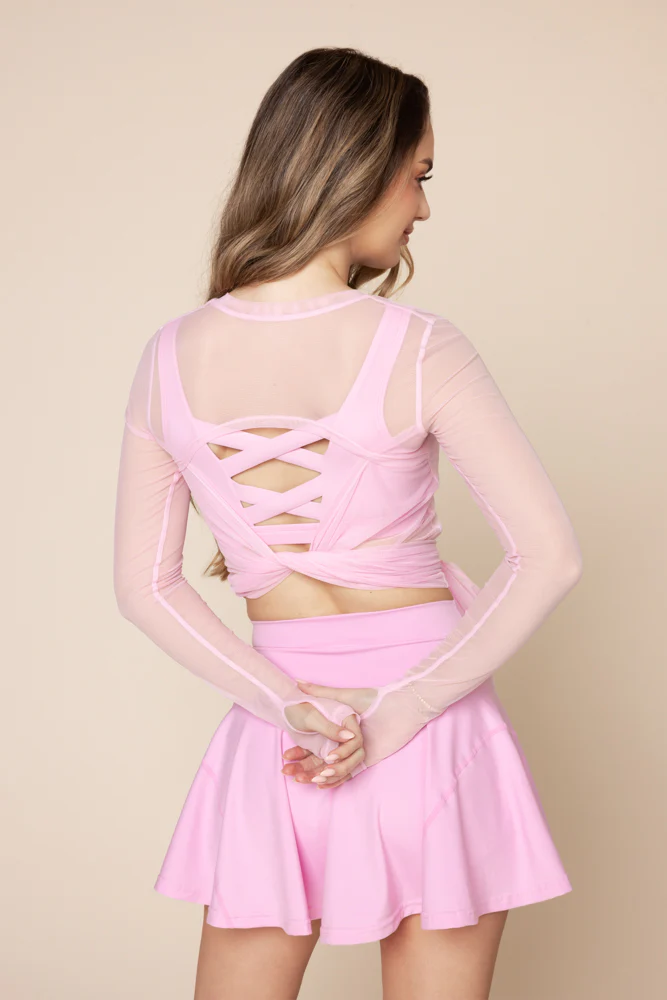 Bow Back Mesh Reversible Long Sleeve Top - Bubblegum